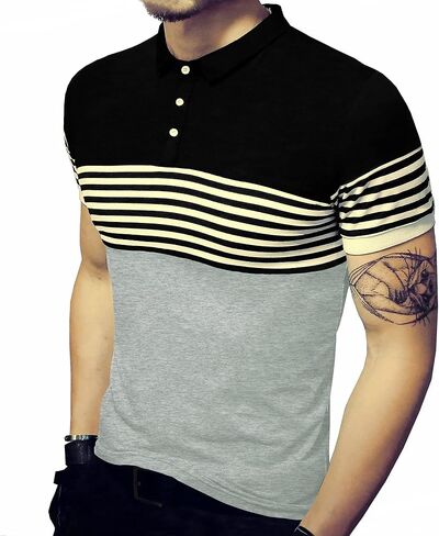 LOGEEYAR Mens Summer Slim Fit Contrast Color Stitching Stripe Short Sleeve Polo Casual T-Shirts in Saudi Arabia