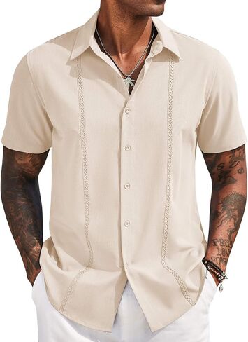 قميص رجالي كوبي Guayabera بأكمام قصيرة من COOFANDY، قمصان صيفية غير رسمية للشاطئ، قمصان بأزرار سفلية غير مدروزة in Saudi Arabia