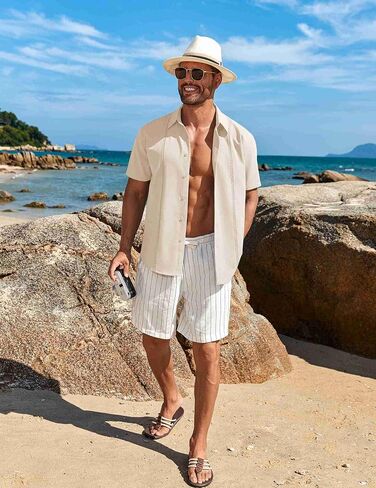 قميص رجالي كوبي Guayabera بأكمام قصيرة من COOFANDY، قمصان صيفية غير رسمية للشاطئ، قمصان بأزرار سفلية غير مدروزة in Saudi Arabia