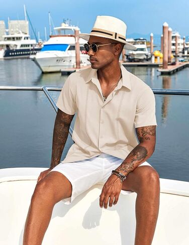 قميص رجالي كوبي Guayabera بأكمام قصيرة من COOFANDY، قمصان صيفية غير رسمية للشاطئ، قمصان بأزرار سفلية غير مدروزة in Saudi Arabia