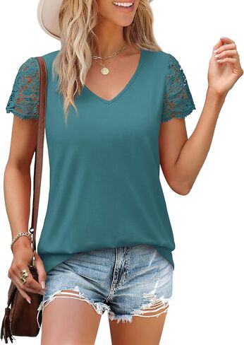 SAMPEEL المرأة بلايز العصرية بلوزات على الموضة الدانتيل قصيرة الأكمام الأعمال تي شيرت عادية محبوك البلوزات ملابس الصيف 2025 in Kuwait