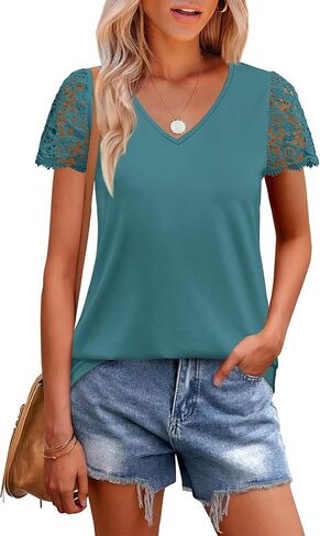 SAMPEEL المرأة بلايز العصرية بلوزات على الموضة الدانتيل قصيرة الأكمام الأعمال تي شيرت عادية محبوك البلوزات ملابس الصيف 2025 in Kuwait