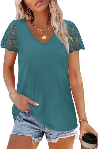 SAMPEEL المرأة بلايز العصرية بلوزات على الموضة الدانتيل قصيرة الأكمام الأعمال تي شيرت عادية محبوك البلوزات ملابس الصيف 2025 in Kuwait