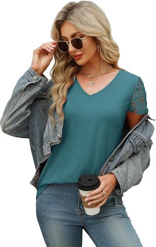 SAMPEEL المرأة بلايز العصرية بلوزات على الموضة الدانتيل قصيرة الأكمام الأعمال تي شيرت عادية محبوك البلوزات ملابس الصيف 2025 in Kuwait