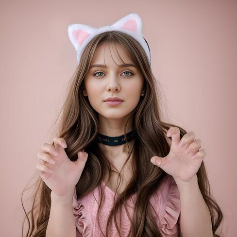 White Cat Ears Headband Hairband, Cute Animal Ears Headband, Soft Plush Cat Ear Headwear Hair Hoop for Halloween Cosplay Cat Costume Make Up Washing Face in Saudi Arabia