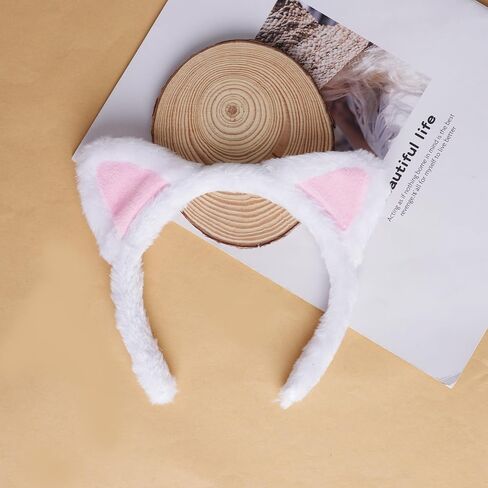 White Cat Ears Headband Hairband, Cute Animal Ears Headband, Soft Plush Cat Ear Headwear Hair Hoop for Halloween Cosplay Cat Costume Make Up Washing Face in Saudi Arabia