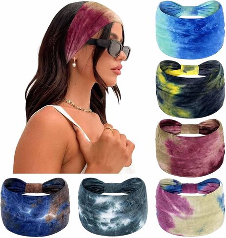 Wide Headbands for Women Knotted Head Bands for Women's Hair Stretch Bandana Headband No Slip Hair Bands Tie Dye Head Wraps Boho Hair Accessories Fit Workout Yoga 6 Pack in Saudi Arabia