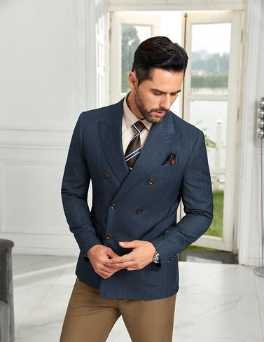 Mens Suit Jacket Stripes Casual Formal Blazer Double Breasted Lightweight Men Sport Coats Long Sleeve Jacket in Saudi Arabia