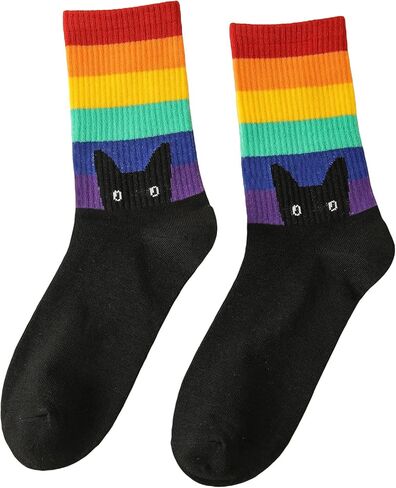 OYOANGLE Women's 1 Pair Striped Rainbow Cat Print Crew Socks Ribbed Knit Socks in Saudi Arabia