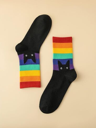 OYOANGLE Women's 1 Pair Striped Rainbow Cat Print Crew Socks Ribbed Knit Socks in Saudi Arabia