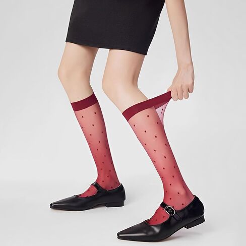 Womens Nylon Socks Sheer Knee High Stocking Mid Calf Street Fashion Cute Polka Dots Socks Ultra Stretchy 3Pack in Saudi Arabia