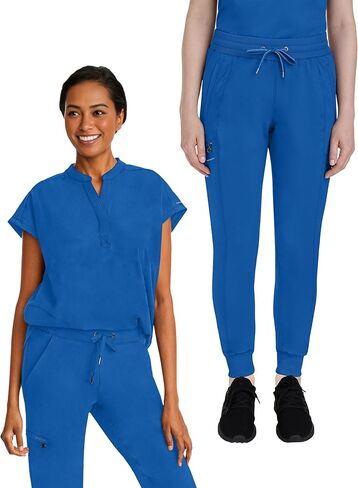 طقم فرك نسائي من Healing Hands، قميص Journey Top 2152، بنطال Toby Jogger مع حزام خصر مطاطي 9244، فرك طبي مع 9 جيوب، Royal- M Top/M Petite Pant in Kuwait