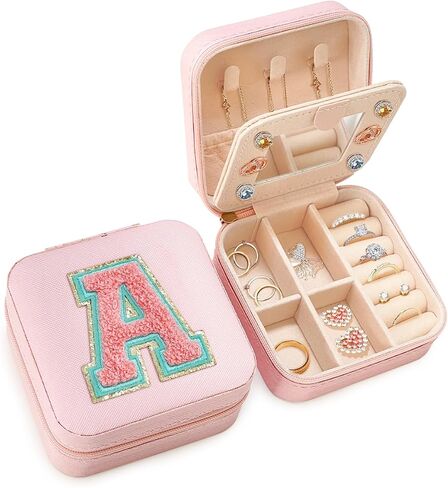 SANDJEST Personalized Jewelry Box, Pink Travel Jewelry Box with Initial A, Small Monogrammed Jewelry Case Organizer for Girls Women Teen Kids, Mini Travel Essentials Gifts for Birthday Christmas in Kuwait