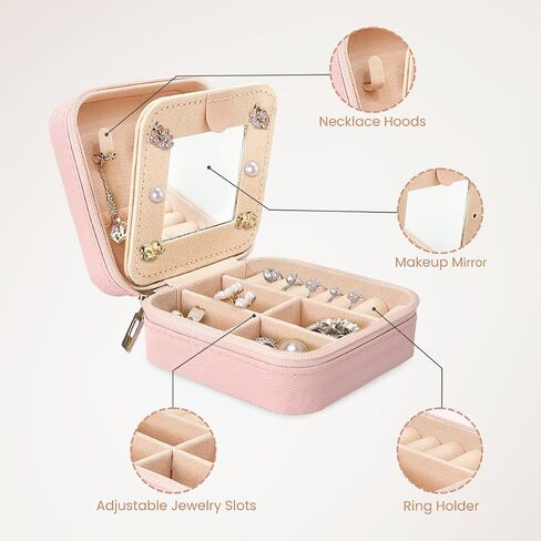 SANDJEST Personalized Jewelry Box, Pink Travel Jewelry Box with Initial A, Small Monogrammed Jewelry Case Organizer for Girls Women Teen Kids, Mini Travel Essentials Gifts for Birthday Christmas in Kuwait
