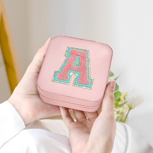 SANDJEST Personalized Jewelry Box, Pink Travel Jewelry Box with Initial A, Small Monogrammed Jewelry Case Organizer for Girls Women Teen Kids, Mini Travel Essentials Gifts for Birthday Christmas in Kuwait