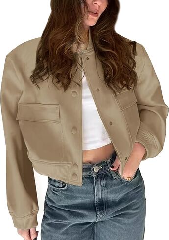 Womens Cropped Jacket Button Down Varsity Jackets Trendy Shackts Bomber Jacket with Pockets in Saudi Arabia