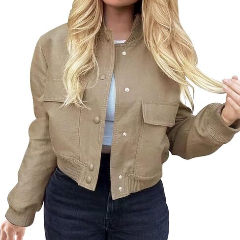 Womens Cropped Jacket Button Down Varsity Jackets Trendy Shackts Bomber Jacket with Pockets in Saudi Arabia