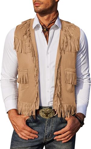 COOFANDY Men's Western Cowboy Vest Casual Fringe Hippie Costume V Neck Zipper Suede Leather Waistcoat in Saudi Arabia