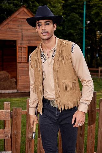 COOFANDY Men's Western Cowboy Vest Casual Fringe Hippie Costume V Neck Zipper Suede Leather Waistcoat in Saudi Arabia