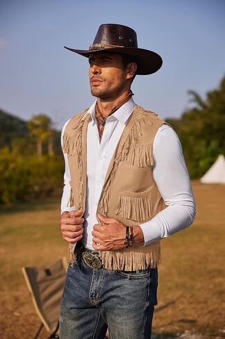 COOFANDY Men's Western Cowboy Vest Casual Fringe Hippie Costume V Neck Zipper Suede Leather Waistcoat in Saudi Arabia