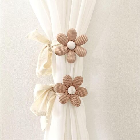 2pcs Curtain Tiebacks, Flower Curtain Ties for Drapes, Curtain Tiebacks with Adjustable Strap, Cotton Holdbacks for Indoor Outdoor Drapes Decor (Beige) in Saudi Arabia