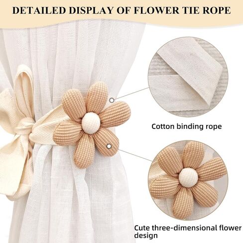 2pcs Curtain Tiebacks, Flower Curtain Ties for Drapes, Curtain Tiebacks with Adjustable Strap, Cotton Holdbacks for Indoor Outdoor Drapes Decor (Beige) in Saudi Arabia