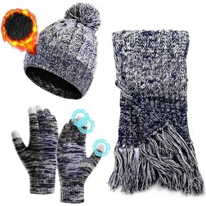 Women's winter hat scarf glove set, warm brimless urine cap with fluffy balls, thick knitted scarf