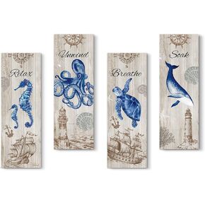 4 Pieces Ocean Coastal Bathroom Wall Decors,Blue Sea Turtle Octopus Whale Seahorse Pictures Wall Art Wood Sign,Wooden Relax Soak Unwind Breathe Wall Decorations for Kids Living Room Bedroom Dinning