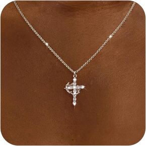 Tewiky Crown Cross Necklace for women-Dainty Sterling Silver/14k Gold Cubic Zirconia Pendant Necklaces Simple Gold Cross Pendant Necklace Cute Tiny Gold Jewelry