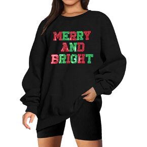 Christmas Sweatshirt Women Oversized Merry and Bright Sequin Shirt Xmas Gift Sweaters Christmas Vacation Long Sleeve Tops