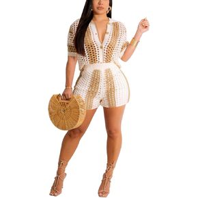 PRIVIMIX Women 2 Piece Crochet Outfits Knitted Shorts Set Hollow Out Button Down Shirt Summer Vacation Outfit