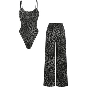 Milumia Women's 2 Piece Outfits Leopard Print Bodysuit and Long Pants Set