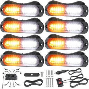 8PCS LED Emergency Strobe Lights Ultra Slim Amber/White Grille Surface Mount Flashing Hazard Light Bar w/Controller for Trucks,ATVs,RVs,Cars(12/24V Waterproof,30 Modes,Memory Function)