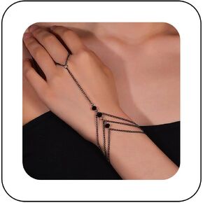 Vintage Onyx Finger Ring Bracelet Onyx Cz Hand Chain Bracelet Black Crystal Slave Bracelet Adjustable Rhinestone Bracelet Gemstone Slave Finger Bracelet Jewelry for Women