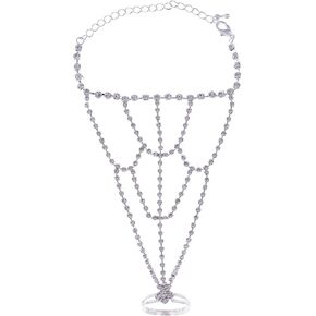 Alilang Silvery Tone Shine Clear Crystal Rhinestones Bracelet Finger Ring Hand Chain