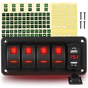 GOOACC 2 Gang Rocker Switch Panel Red Backlit with 4.8 Amp Dual USB Charger Voltmeter Waterproof 12V 24V DC Rocker Switch with Night Glow Stickers for Car Trucks Boats RVs,2 Years Warranty