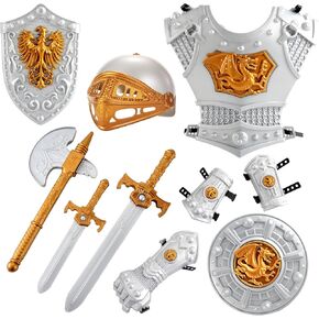 Medieval Knight in Shining Armor Toy for Kids with Helmet Swords Shields Accessories, Knight in Shining Armor Costume Pretend Role Play Cosplay School Party Halloween Dress Up