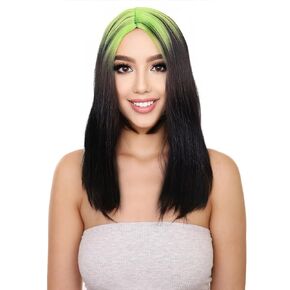 Women's Edgy Mullet Black Wig with Neon Green Roots | 19 Inch Popstar Wigs with Adjustable Cap | 70s 80s Iconic Cosplay Wig with Choppy Bangs | Ideal Halloween and Themed Party Costume Wig