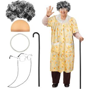 Jiuguva 7 Pcs Old Lady Costume for Girls Women 100th Days of School Costume Granny Nightgown Wig Cane Grandma Dress up