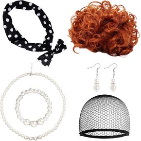 Heliltd 4Pcs 50s Housewife Costume 1950s Red Wig with Polka Dot Headband Necklace and Earrings 50s Housewife Costume Accessories for Halloween Costume Party in Kuwait