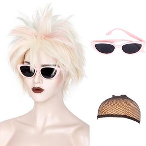 WeKen Womens Short Blonde with Highlight Pink Blue Wig Crazy Spiky Short Blonde Wig for Weird Costumes Halloween Cosplay Movie Party (Wig+Wig Cap+Sunglasses)