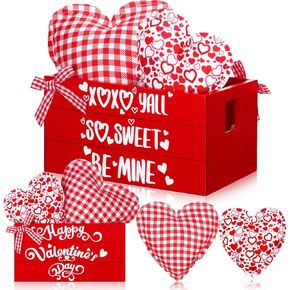 Valentine's Day Mini Wooden Crate Set Valentine's Day Tiered Tray Decor Wooden Basket with Felt Heart Ornaments Valentine Table Decor for Kitchen Home Decor (Sweet Heart Style)