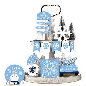 Jetec 12 Pcs Winter Wonderland Tiered Tray Christmas Decor Set Winter Table Decorations Blue Winter Wooden Sign Farmhouse Let It Snow Winter Decor for Tiered Tray