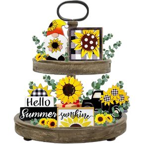 Summer Tiered Tray Decor, Farmhouse Sunflower Tray Decorations, Hello Spring Summer Sunflower Gnome Sunshine Truck Wooden Signs, Buffalo Plaid Rustic Home Decor for Table Mantel Office Party