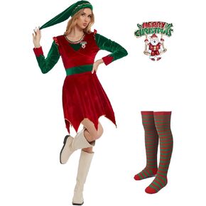 Elf Costume Women Adult JovieElf Halloween Christmas Outfits for Women Cosplay with Brooch Socks