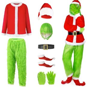 7PCS Christmas Grinch Costume for Men, Adult Santa Costume with Mask, Coat, Belt, Gloves, Pants, Socks