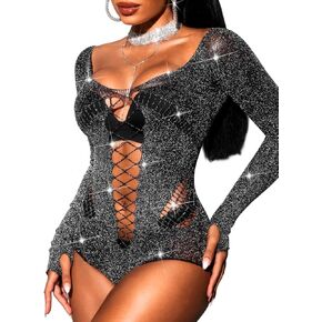 Sparkly Bodysuit Tops For Women, Fits 0-16 Sexy Fishnet, Glitter Sequin Rave Concert, Long Sleeves Sheer Mesh