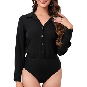 Women's One Piece Bodysuit Shirts Wrinkle Free Long Sleeve Professional Business Blouse Button Down Office Work