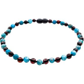 Genuine Amber Necklace From Baltic Sea Made With Polished Cherry & Apatite 33 cm (13 Inches)