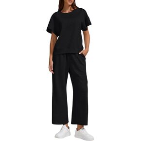 Women’s Air Layer Fabric Two Piece Set Stylish Short Sleeve Top & Wide Leg 3/4 Pants Lounge Matching Tracksuit